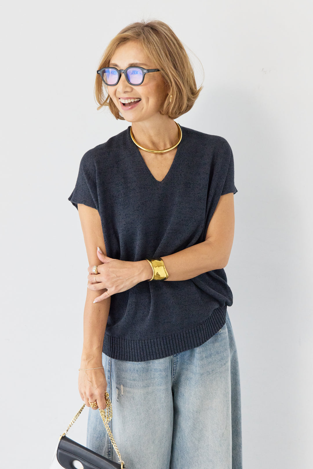 [SET]Vネック フレンチスリーブ サマーニット+ダメージコクーンパンツ(2set)