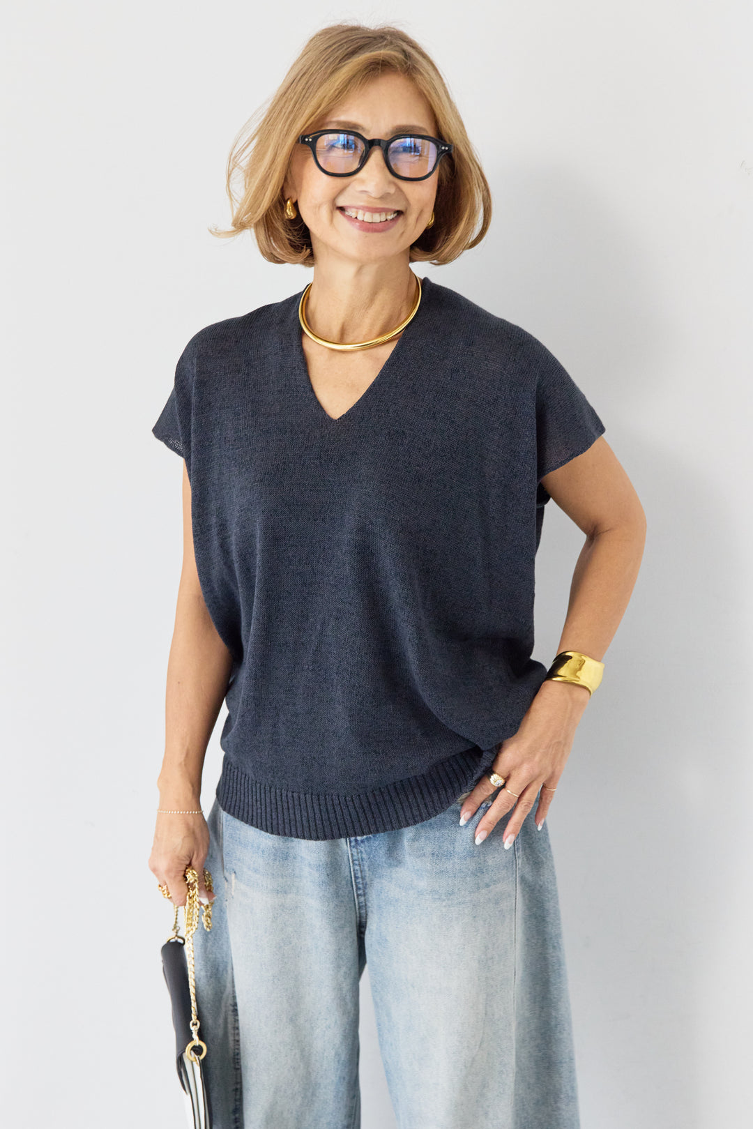 [SET]Vネック フレンチスリーブ サマーニット+ダメージコクーンパンツ(2set)