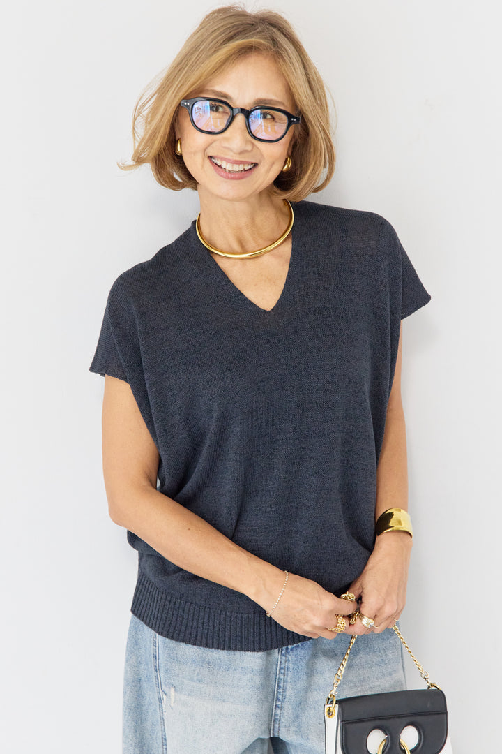 Vネック フレンチスリーブ サマーニット