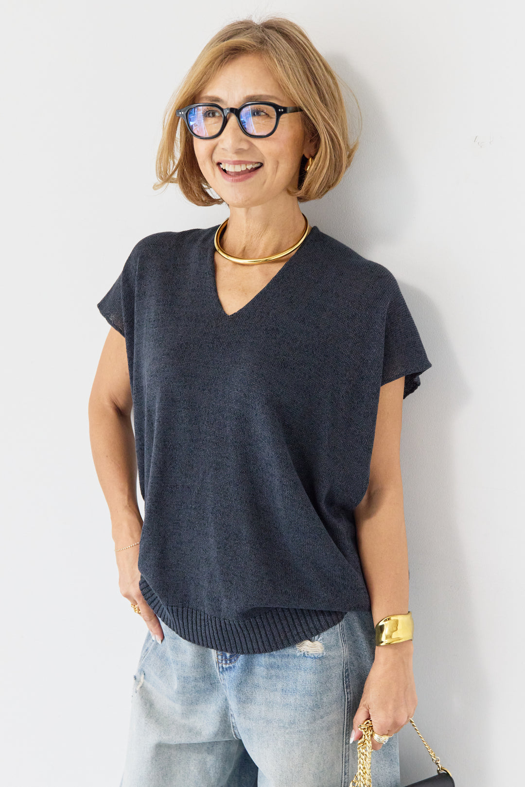 Vネック フレンチスリーブ サマーニット