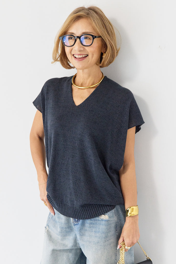 Vネック フレンチスリーブ サマーニット