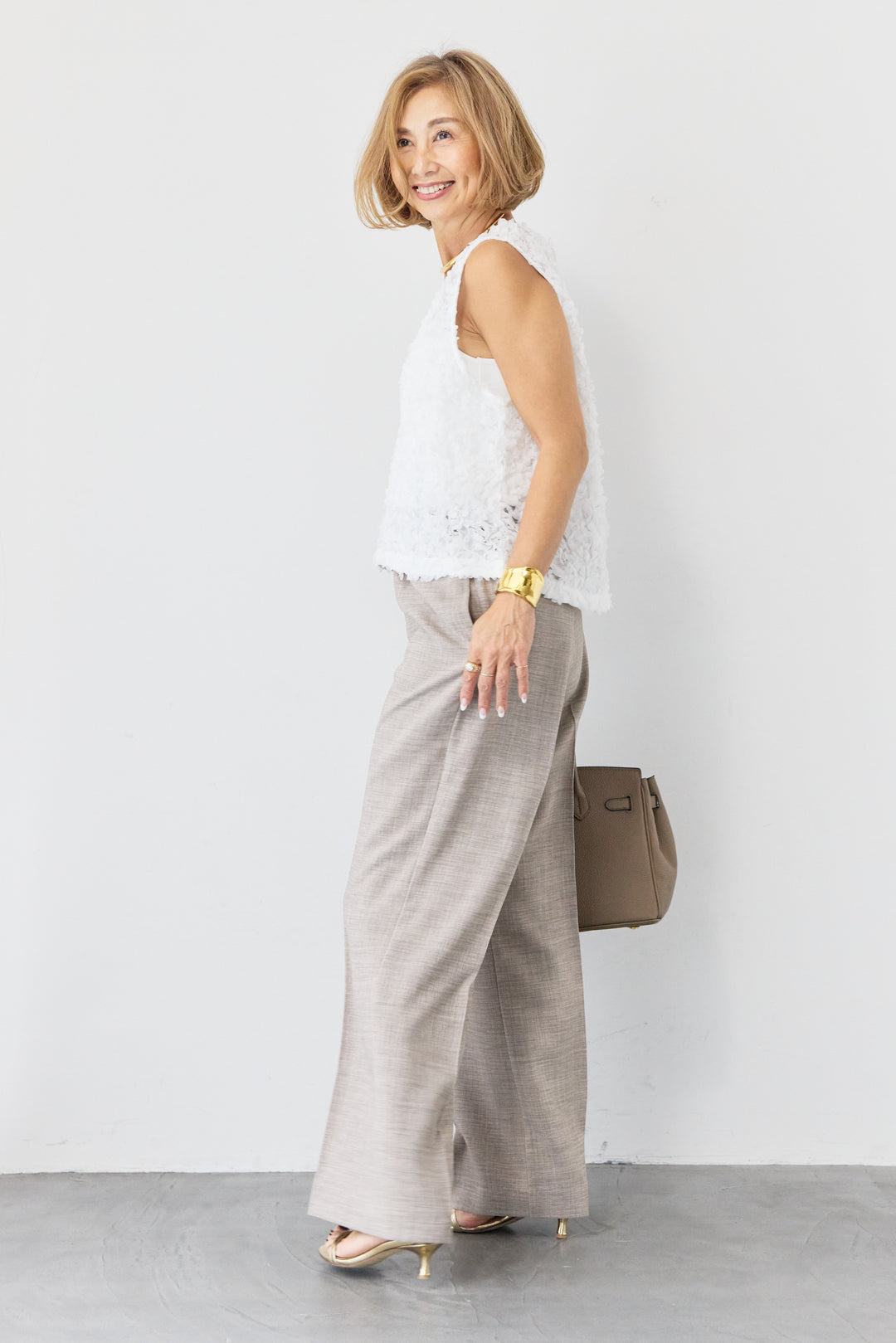 [SET]フラワーモチーフ チュールベスト+ウエストゴム センタープレスワイドパンツ(2set)