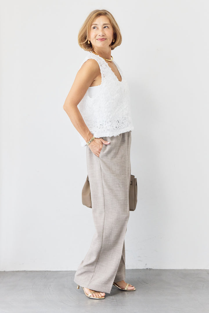 [SET]フラワーモチーフ チュールベスト+ウエストゴム センタープレスワイドパンツ(2set)