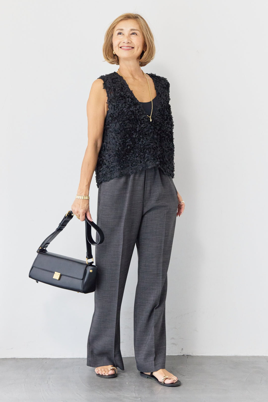 [SET]フラワーモチーフ チュールベスト+ウエストゴム センタープレスワイドパンツ(2set)