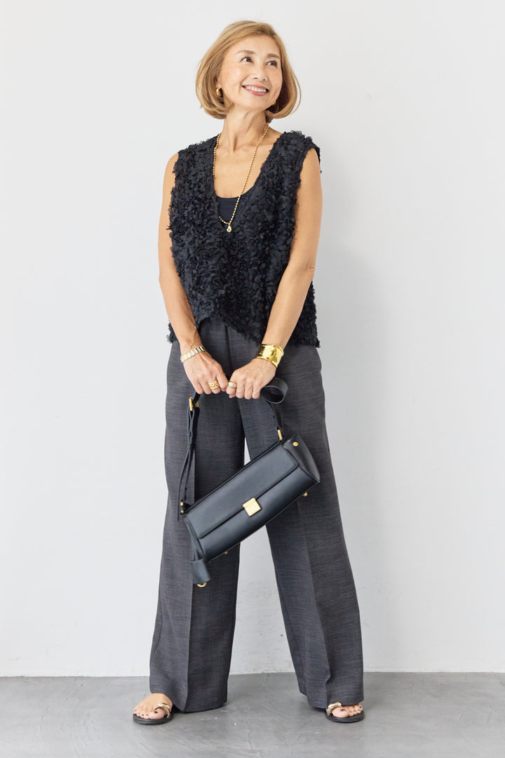 [SET]フラワーモチーフ チュールベスト+ウエストゴム センタープレスワイドパンツ(2set)