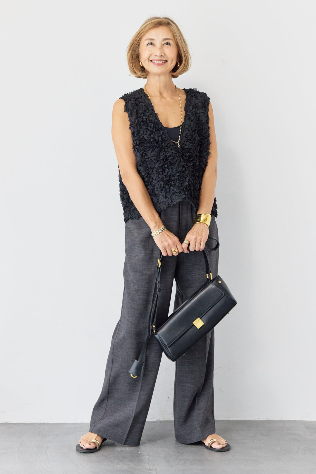 [SET]フラワーモチーフ チュールベスト+ウエストゴム センタープレスワイドパンツ(2set)