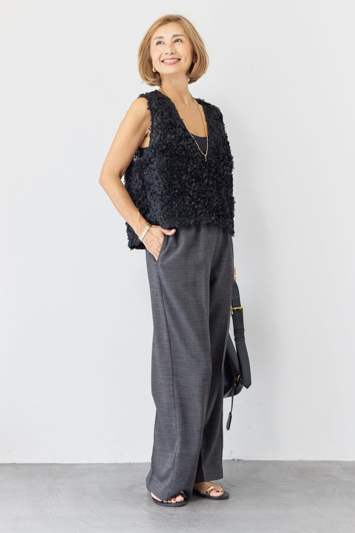 [SET]フラワーモチーフ チュールベスト+ウエストゴム センタープレスワイドパンツ(2set)