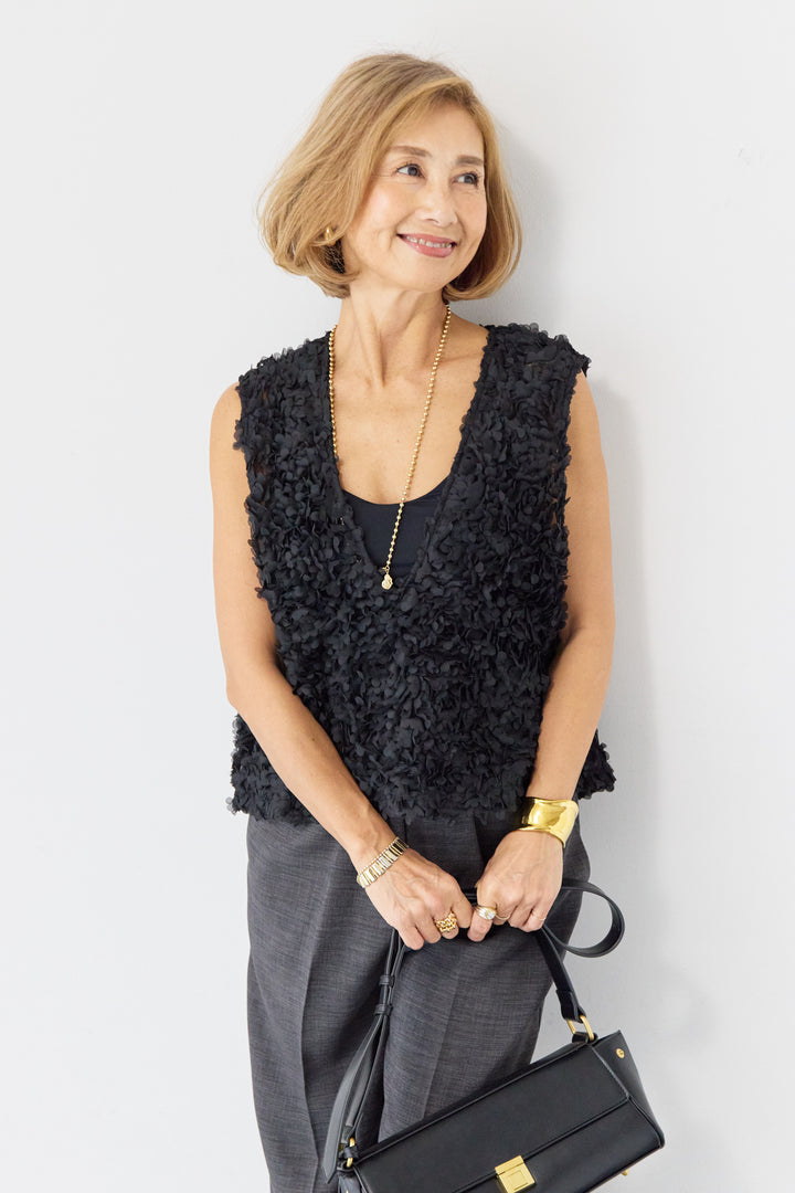 [SET]フラワーモチーフ チュールベスト+ウエストゴム センタープレスワイドパンツ(2set)