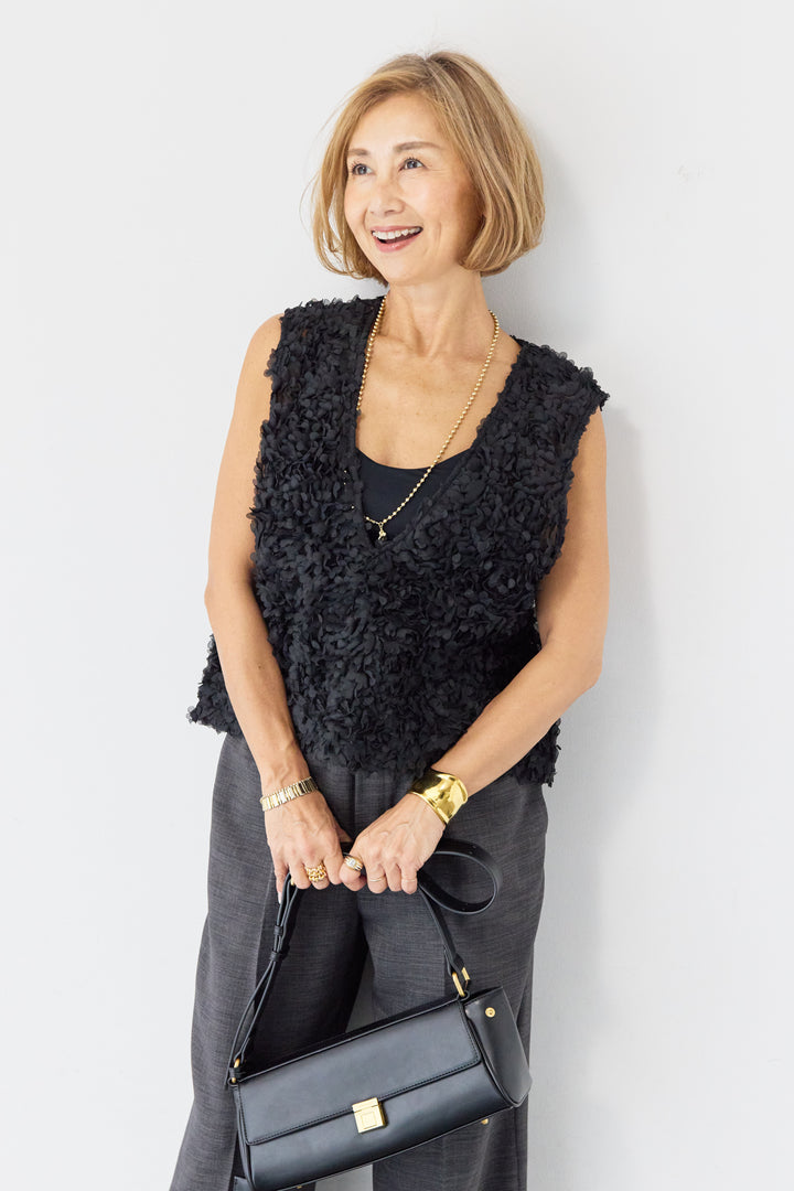 [SET]フラワーモチーフ チュールベスト+ウエストゴム センタープレスワイドパンツ(2set)