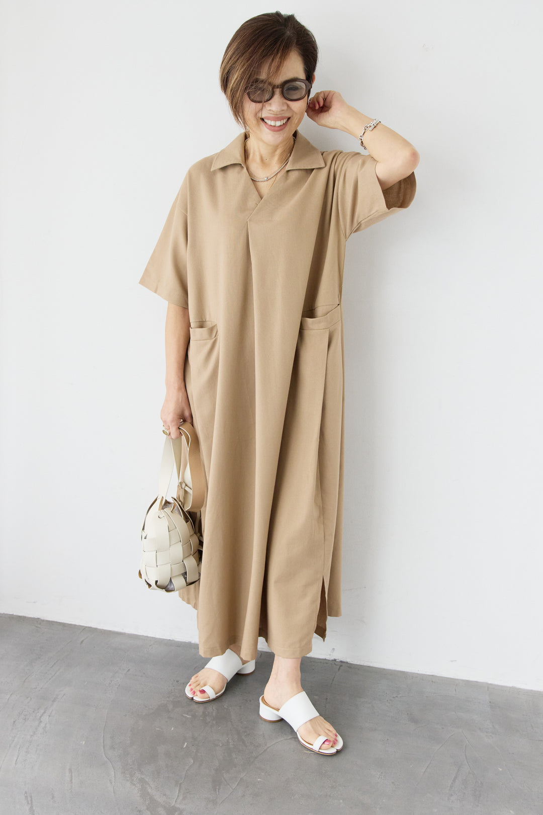 スキッパーカラーリネンワンピース