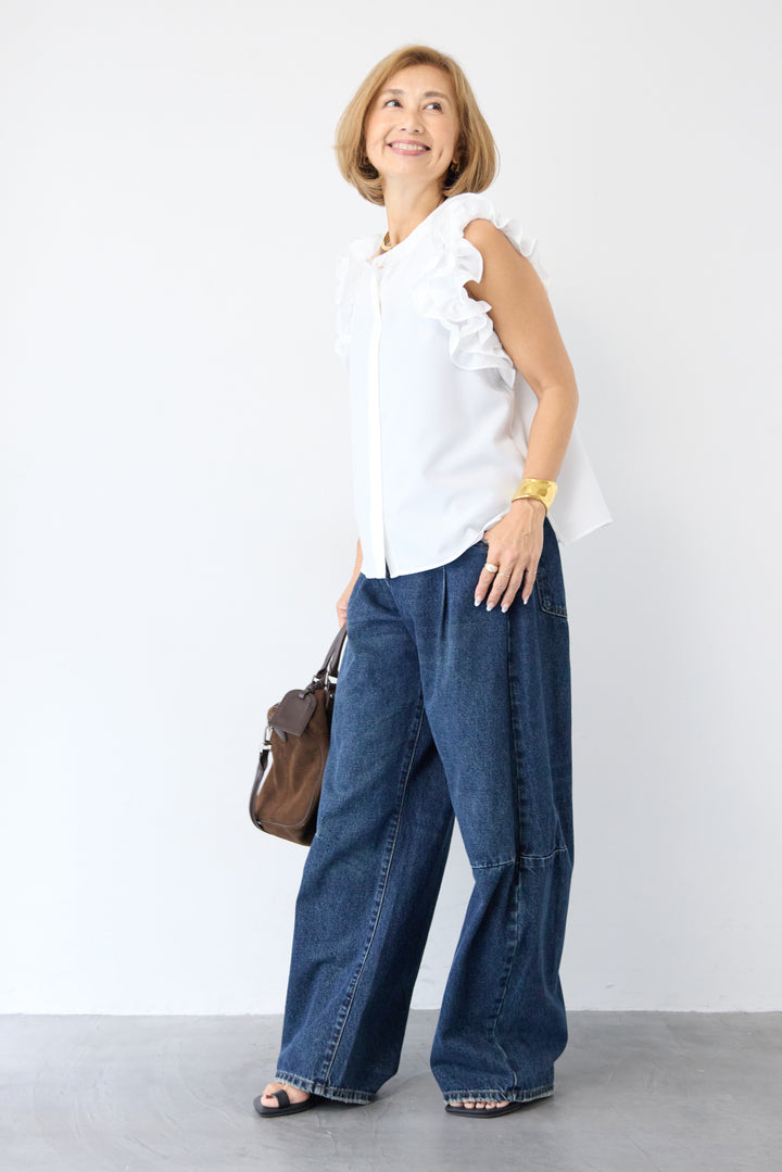 [SET]フリルショルダーブラウス+カーブデニムパンツ(2set)
