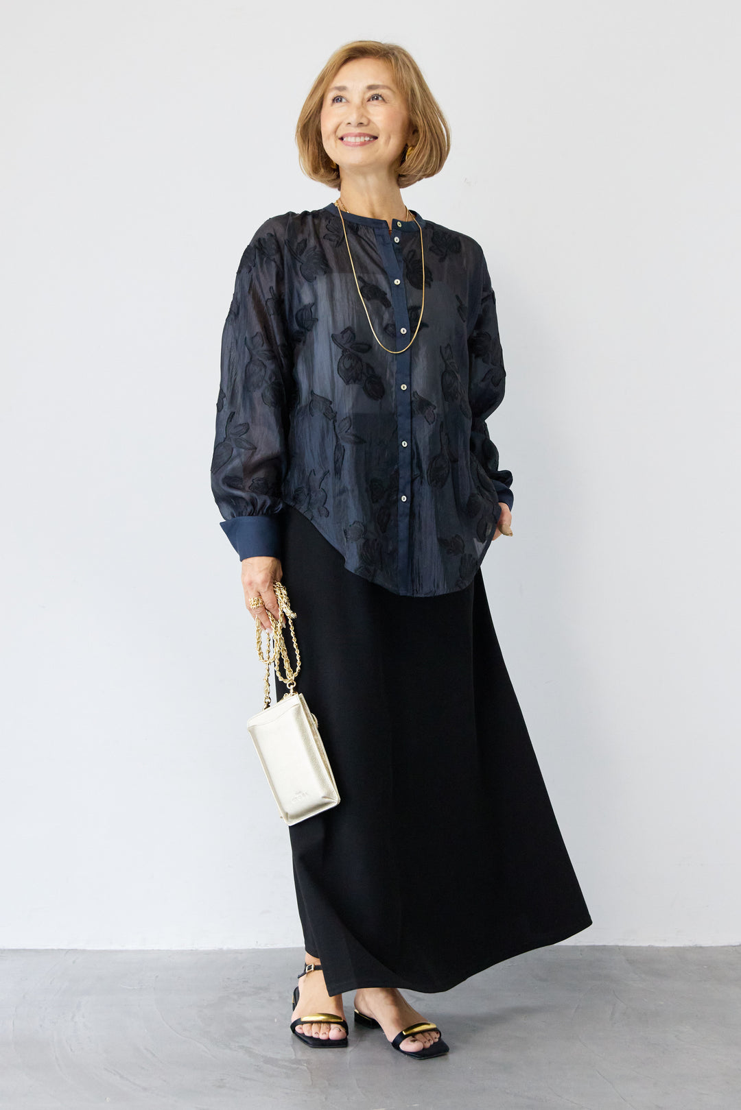[SET]チューリップジャガードシアーシャツ+ウエストゴムフレアロングスカート(2set)