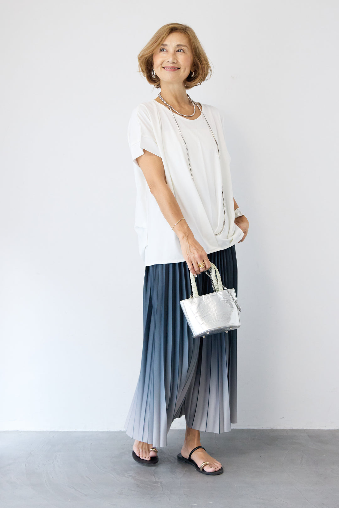 [SET]【接触冷感】タックヘムVネックプルオーバー+グラデーションロングプリーツスカート(2set)