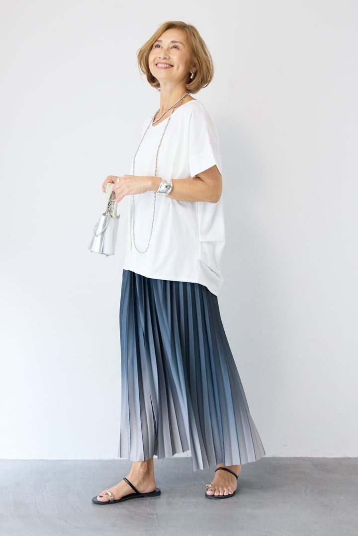 [SET]【接触冷感】タックヘムVネックプルオーバー+グラデーションロングプリーツスカート(2set)