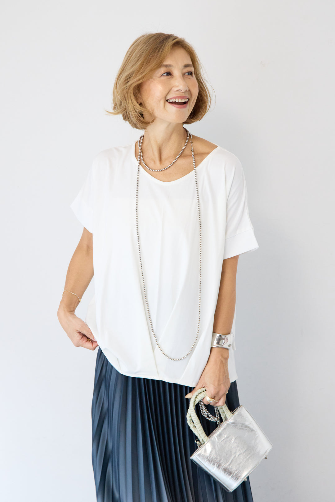 [SET]【接触冷感】タックヘムVネックプルオーバー+グラデーションロングプリーツスカート(2set)