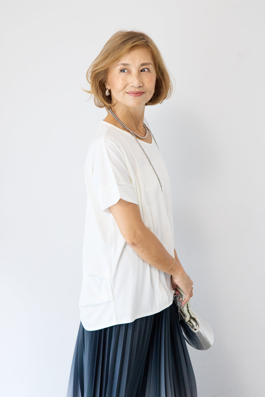 [SET]【接触冷感】タックヘムVネックプルオーバー+グラデーションロングプリーツスカート(2set)