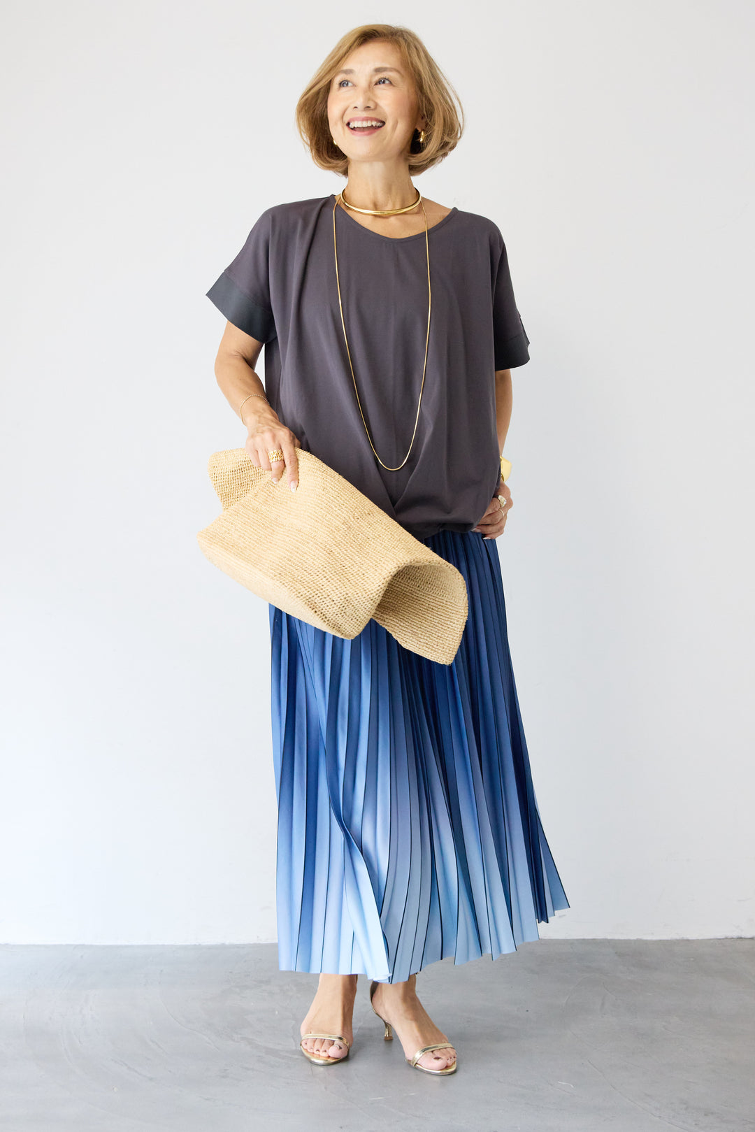 [SET]【接触冷感】タックヘムVネックプルオーバー+グラデーションロングプリーツスカート(2set)