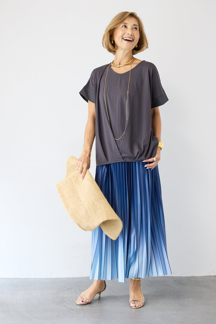 [SET]【接触冷感】タックヘムVネックプルオーバー+グラデーションロングプリーツスカート(2set)