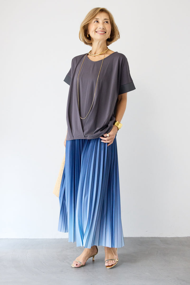 [SET]【接触冷感】タックヘムVネックプルオーバー+グラデーションロングプリーツスカート(2set)