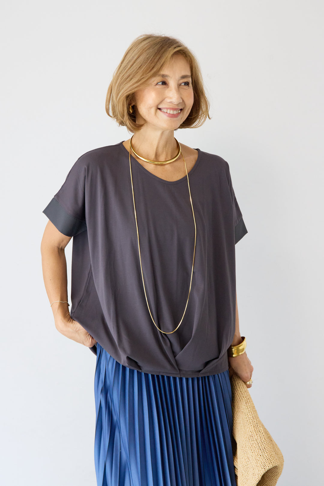 [SET]【接触冷感】タックヘムVネックプルオーバー+グラデーションロングプリーツスカート(2set)