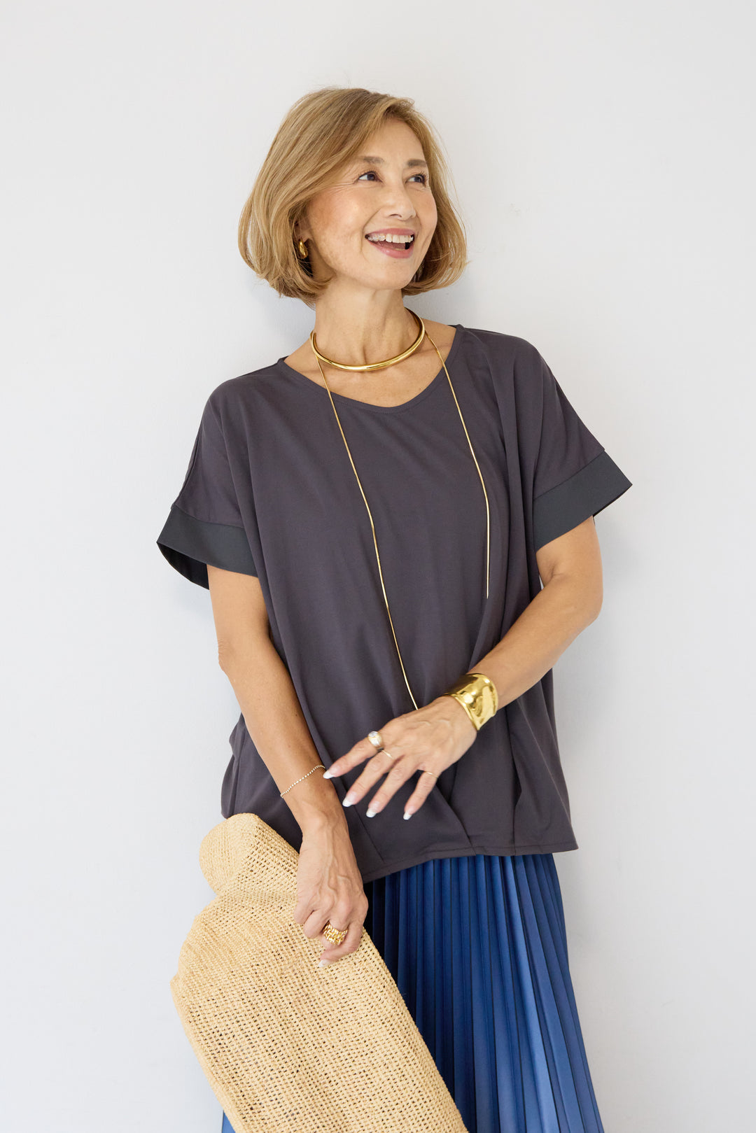 [SET]【接触冷感】タックヘムVネックプルオーバー+グラデーションロングプリーツスカート(2set)