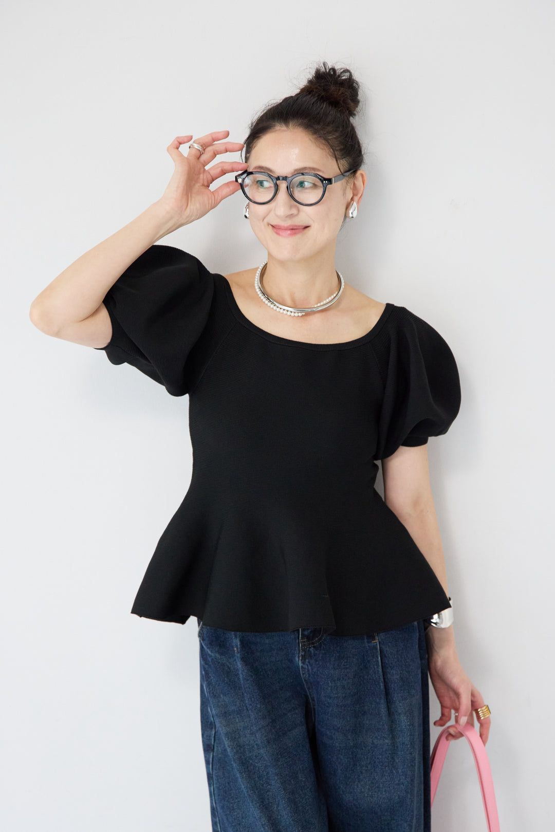 [SET]パフスリーブペプラムニットトップス+カーブデニムパンツ(2set)