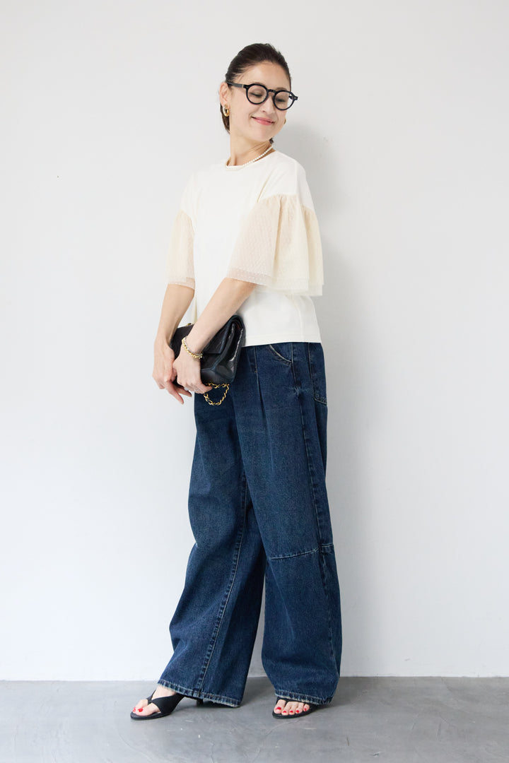 [SET]ドットチュールスリーブ切替ブラウス+カーブデニムパンツ(2set)