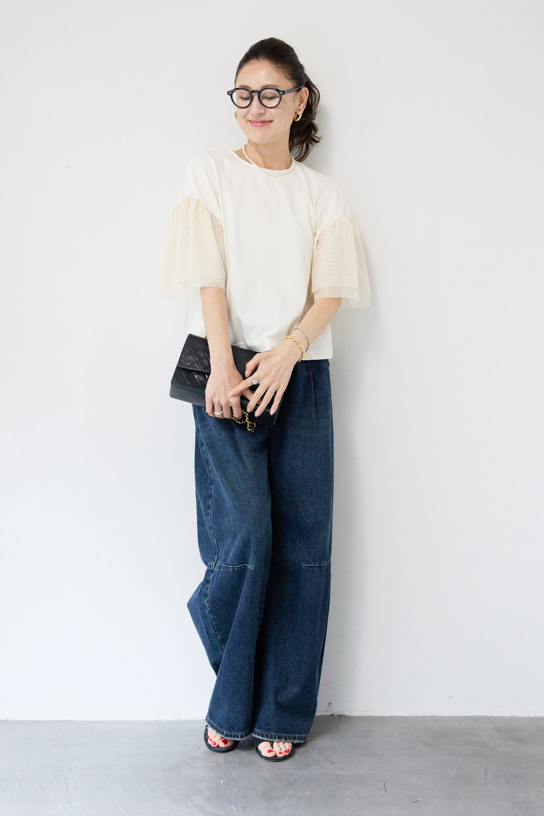 [SET]ドットチュールスリーブ切替ブラウス+カーブデニムパンツ(2set)