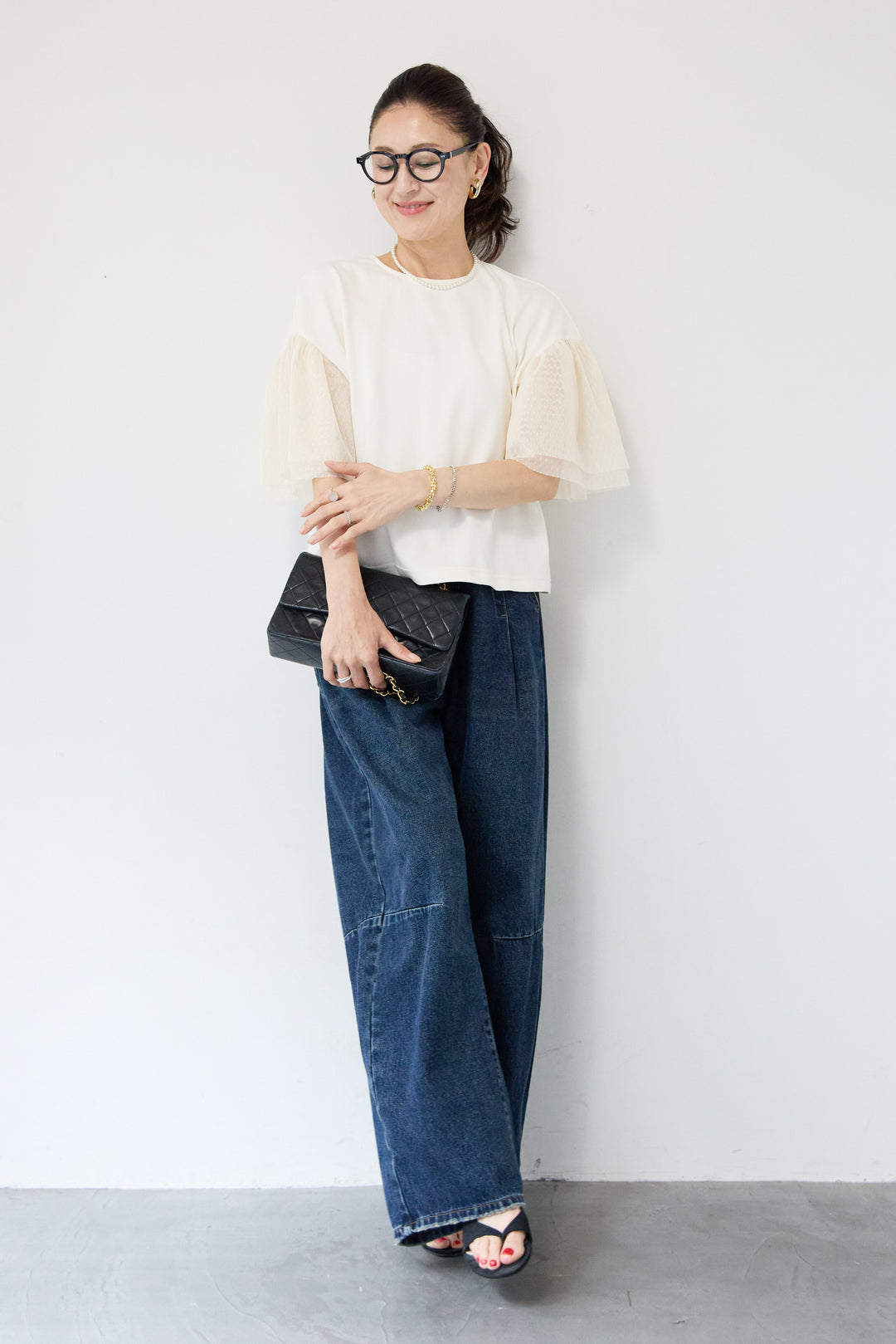 [SET]ドットチュールスリーブ切替ブラウス+カーブデニムパンツ(2set)