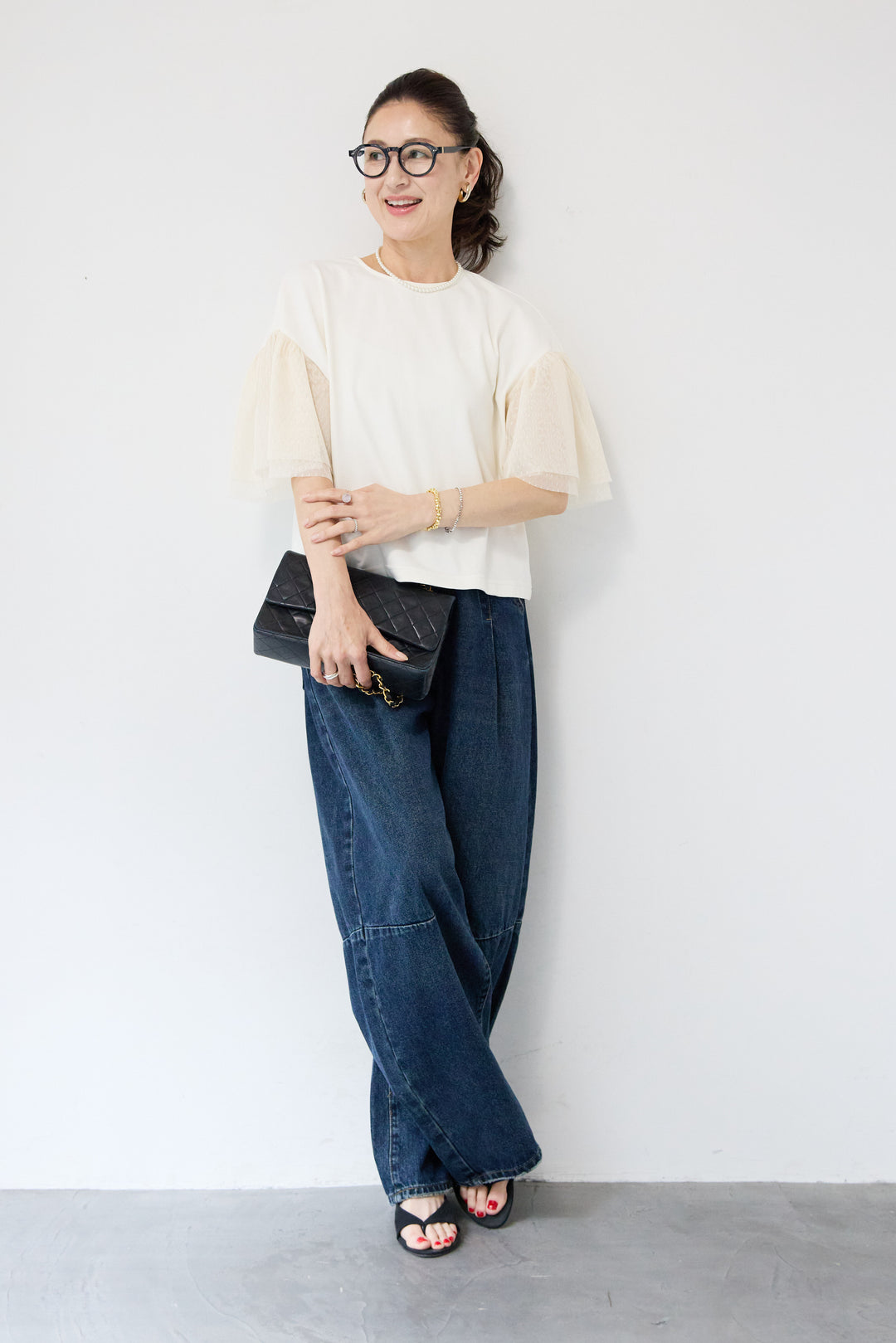 [SET]ドットチュールスリーブ切替ブラウス+カーブデニムパンツ(2set)