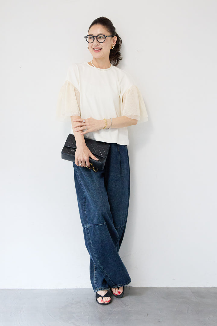 [SET]ドットチュールスリーブ切替ブラウス+カーブデニムパンツ(2set)
