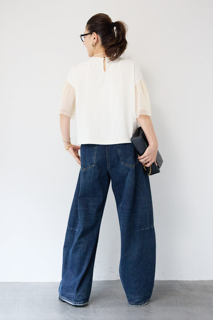 [SET]ドットチュールスリーブ切替ブラウス+カーブデニムパンツ(2set)