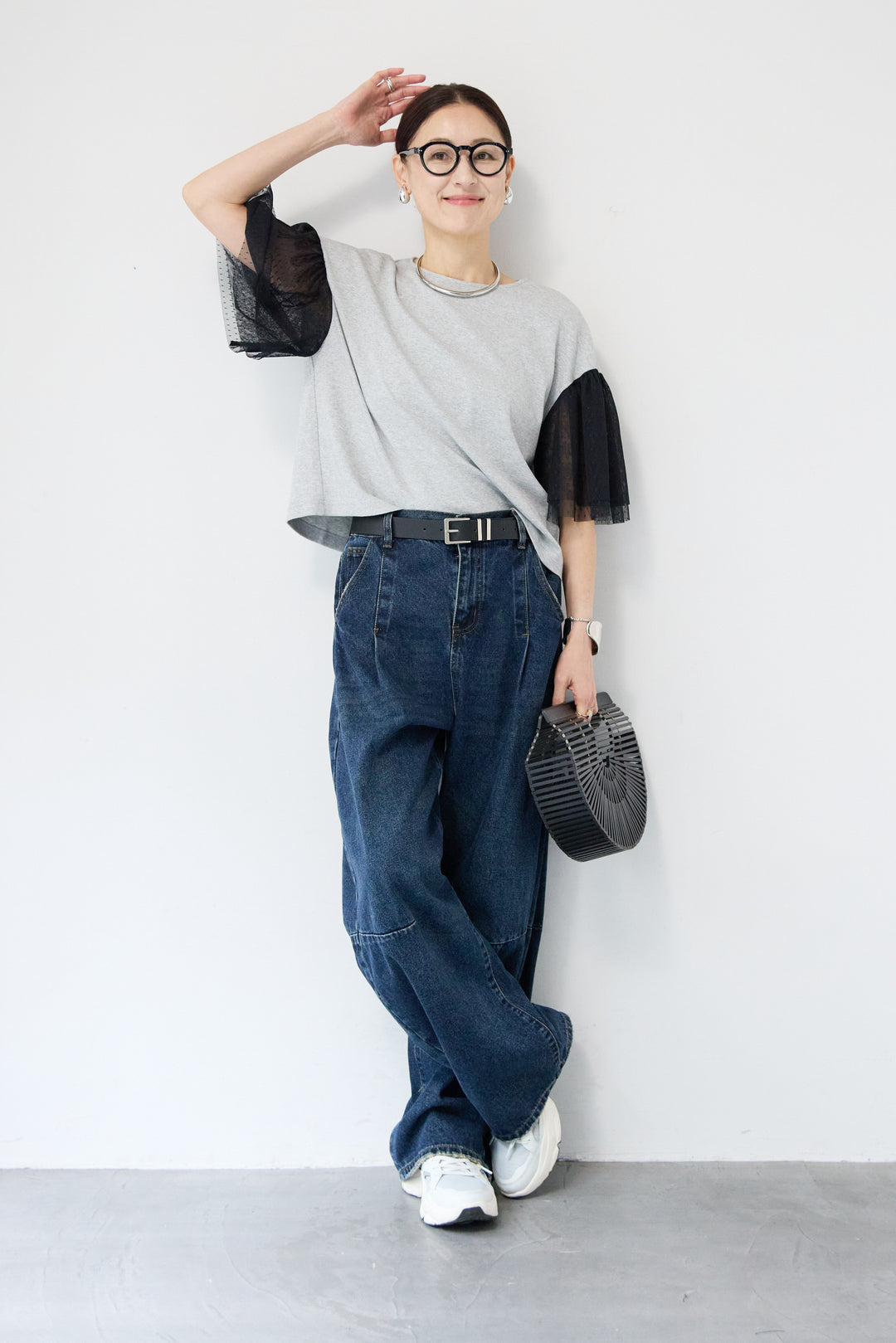 [SET]ドットチュールスリーブ切替ブラウス+カーブデニムパンツ(2set)