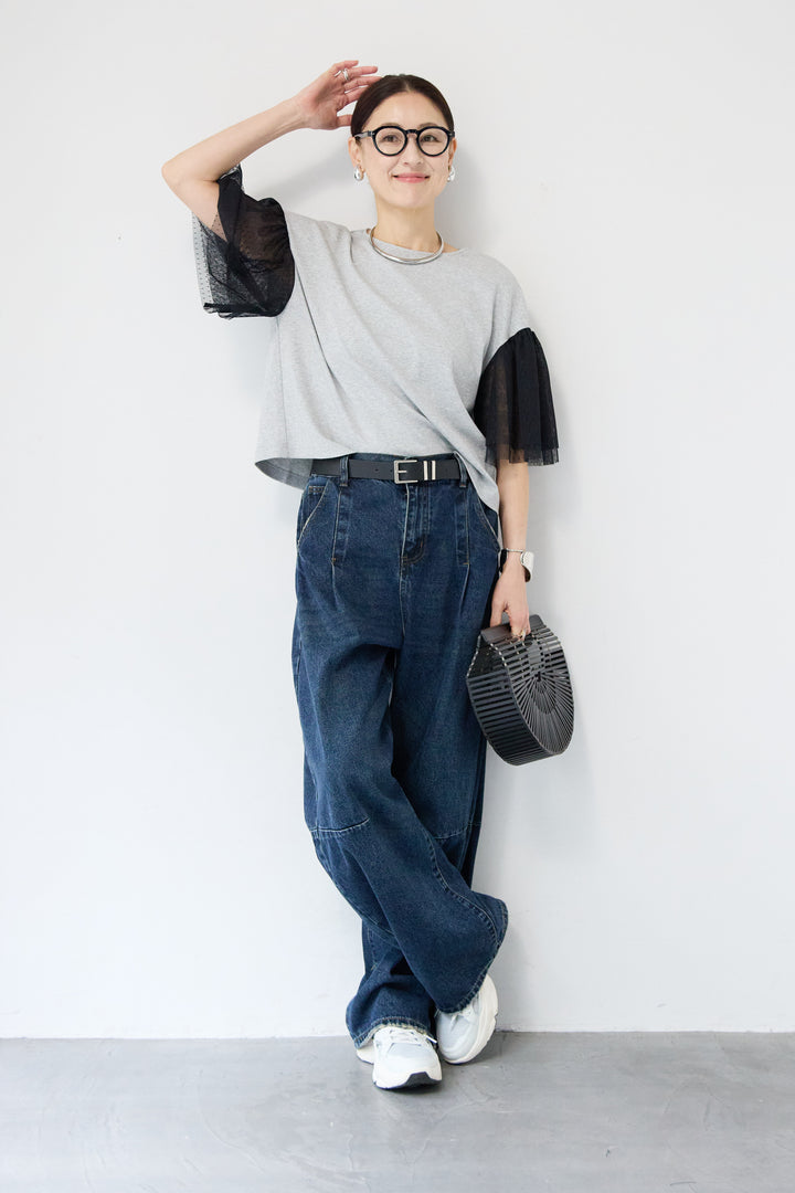 [SET]ドットチュールスリーブ切替ブラウス+カーブデニムパンツ(2set)