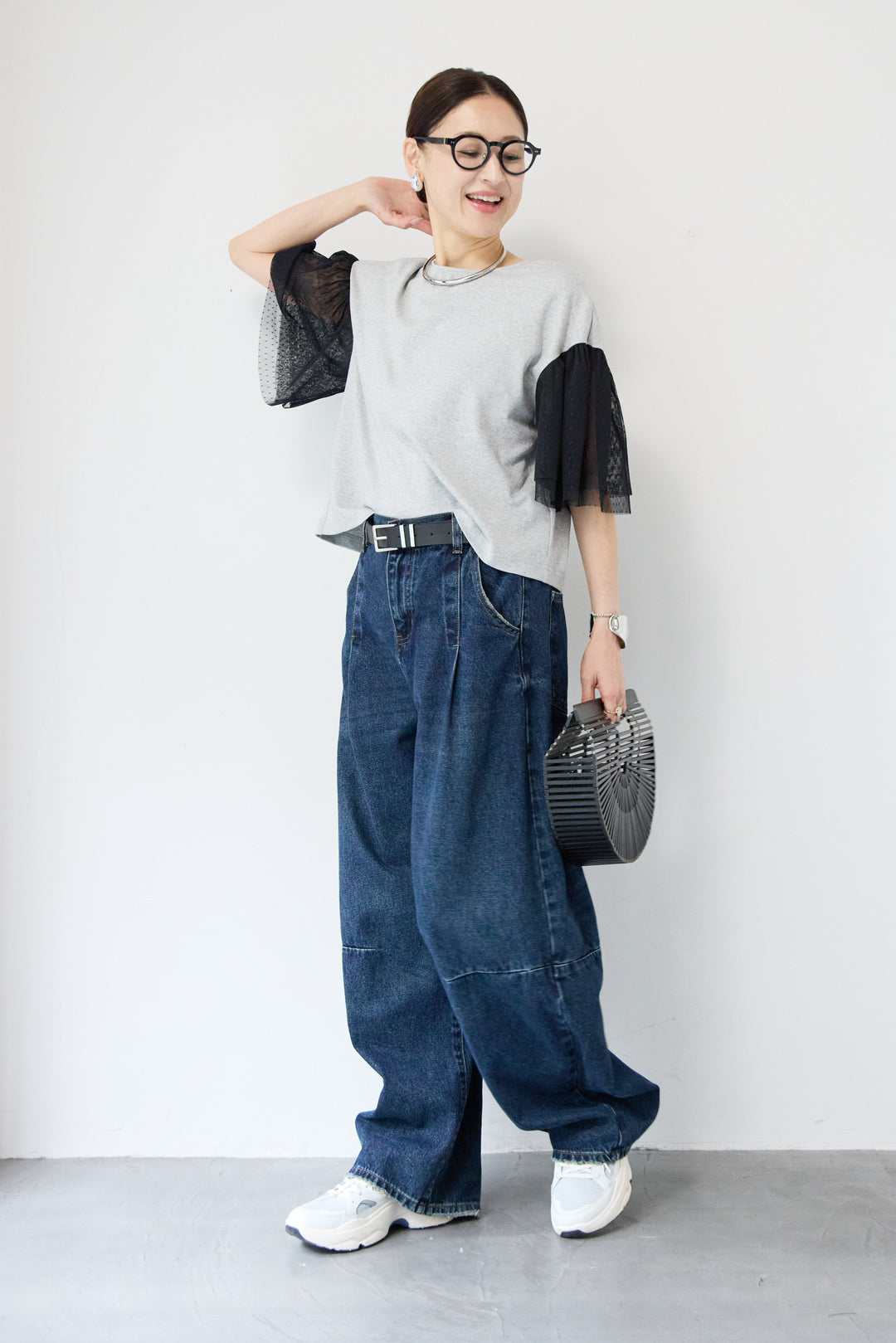 [SET]ドットチュールスリーブ切替ブラウス+カーブデニムパンツ(2set)
