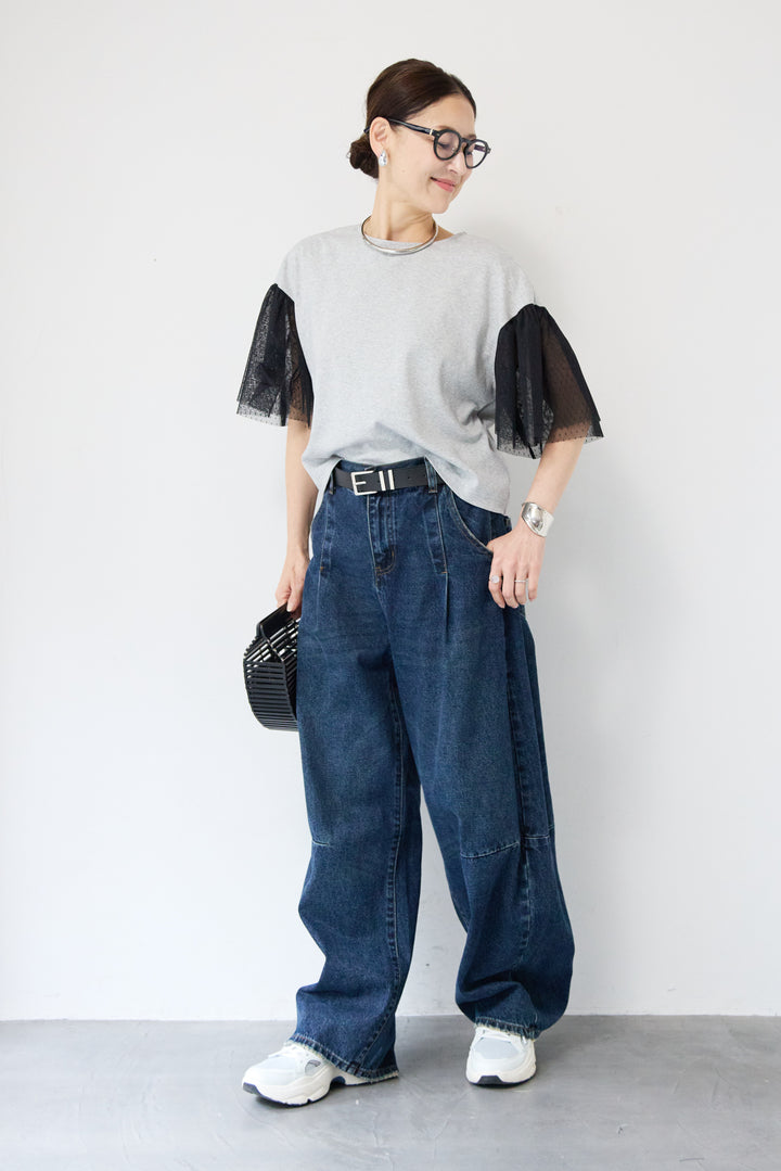 [SET]ドットチュールスリーブ切替ブラウス+カーブデニムパンツ(2set)