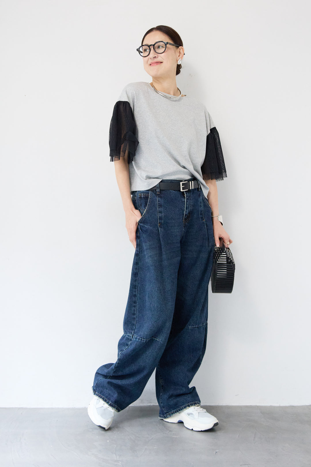 [SET]ドットチュールスリーブ切替ブラウス+カーブデニムパンツ(2set)