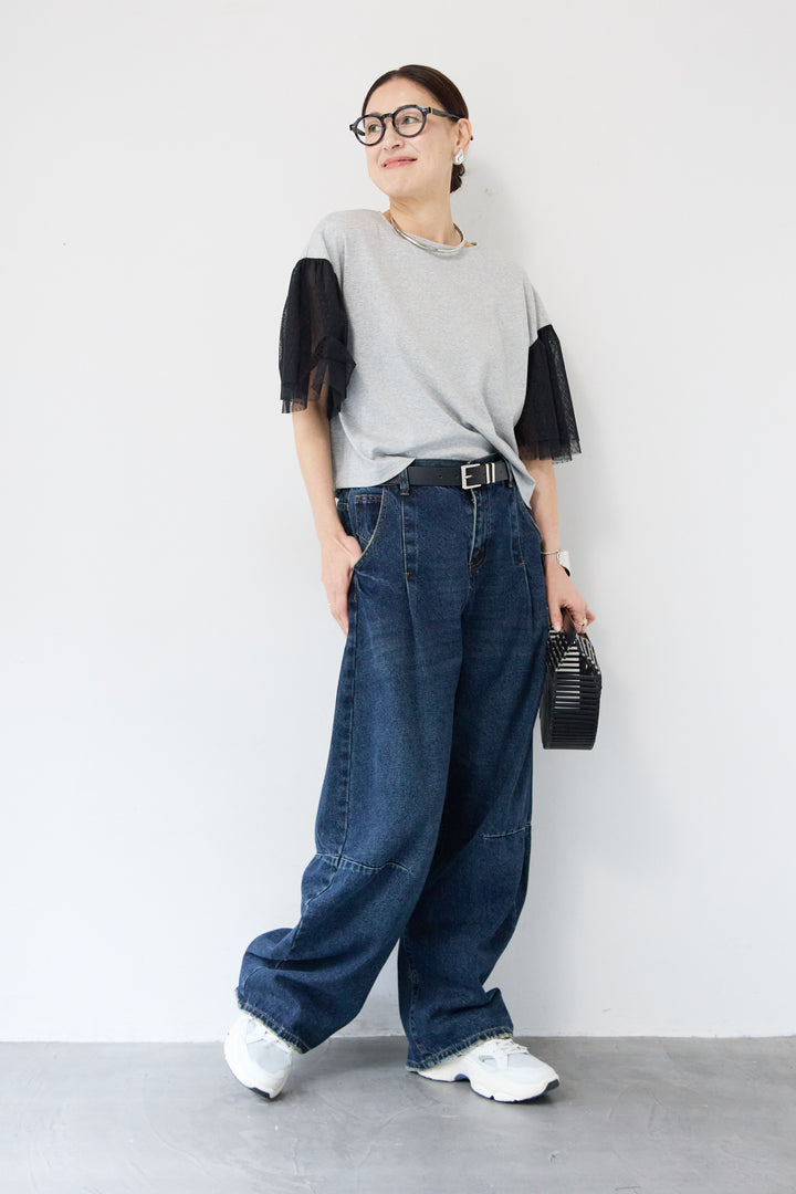[SET]ドットチュールスリーブ切替ブラウス+カーブデニムパンツ(2set)