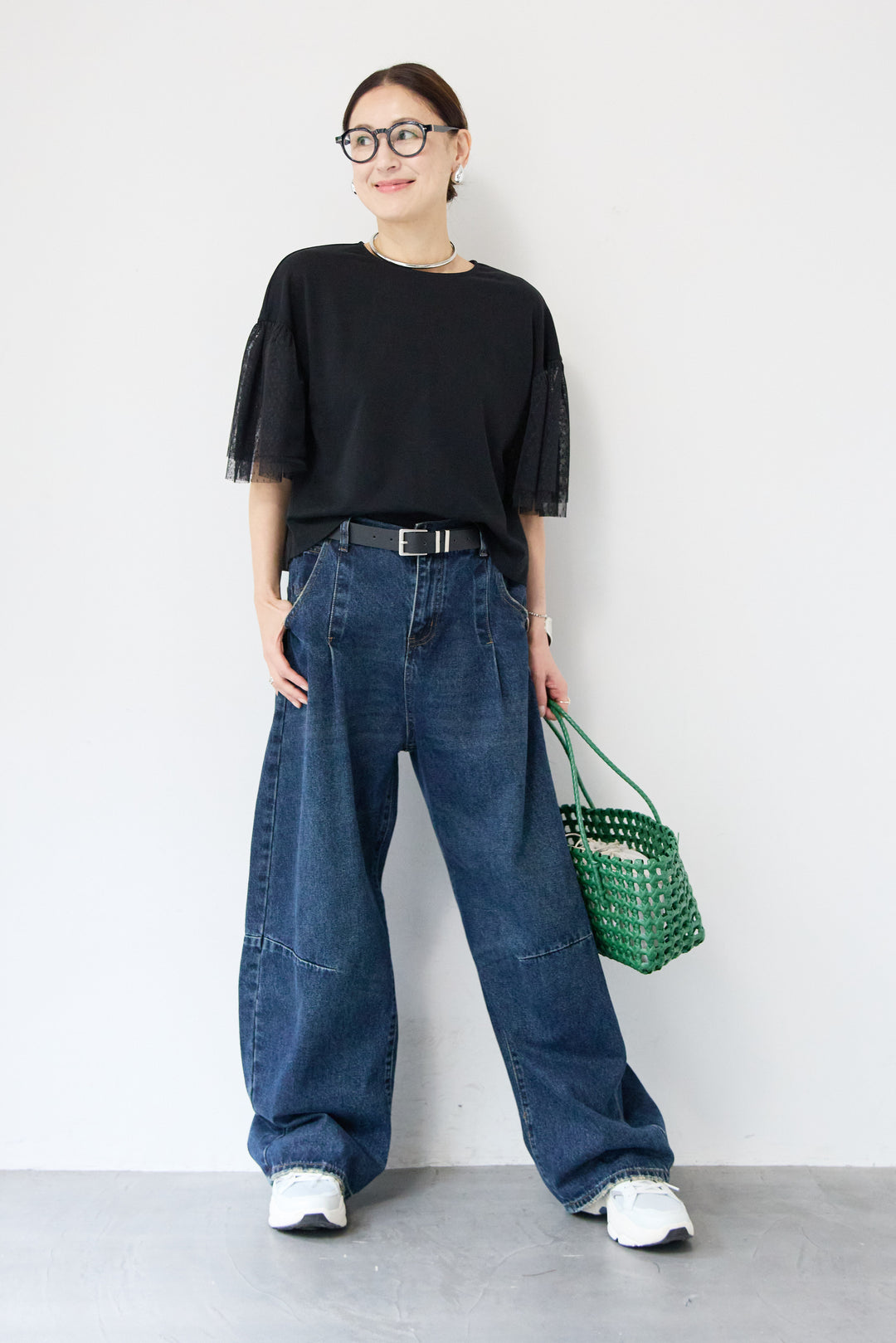 [SET]ドットチュールスリーブ切替ブラウス+カーブデニムパンツ(2set)