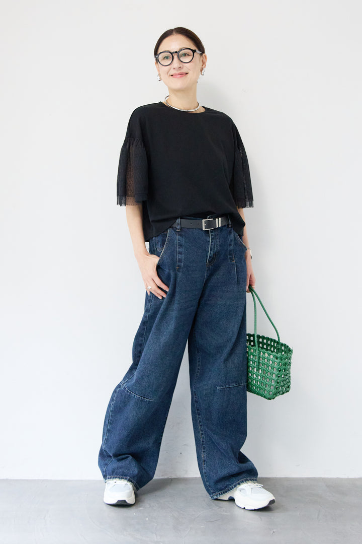 [SET]ドットチュールスリーブ切替ブラウス+カーブデニムパンツ(2set)