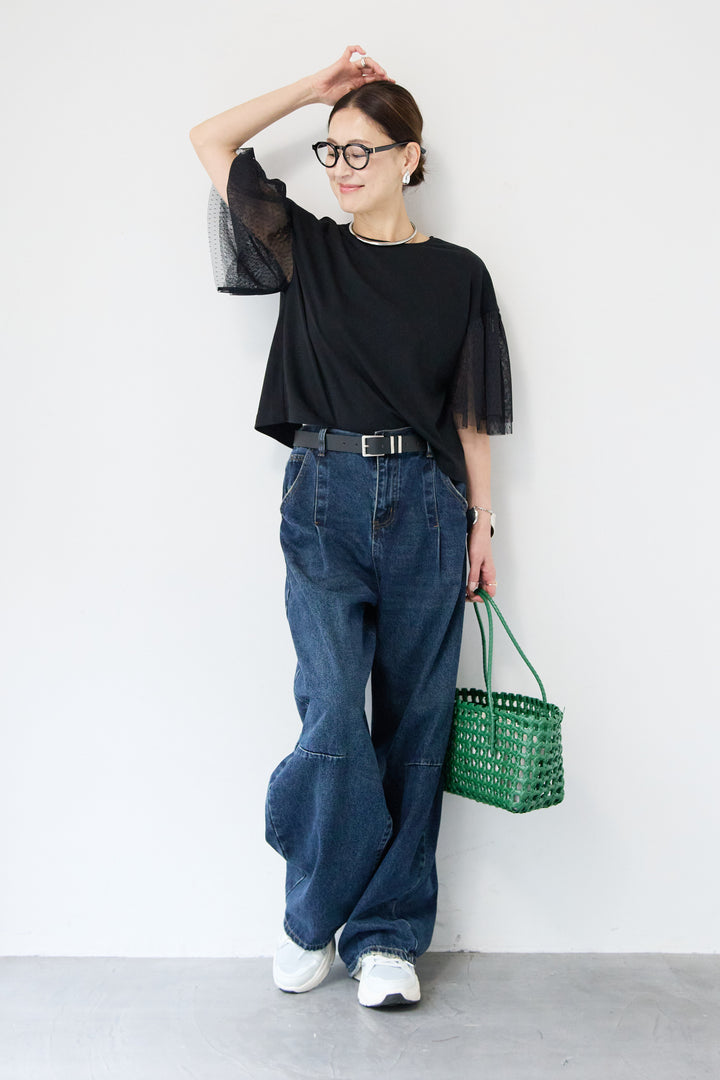 [SET]ドットチュールスリーブ切替ブラウス+カーブデニムパンツ(2set)