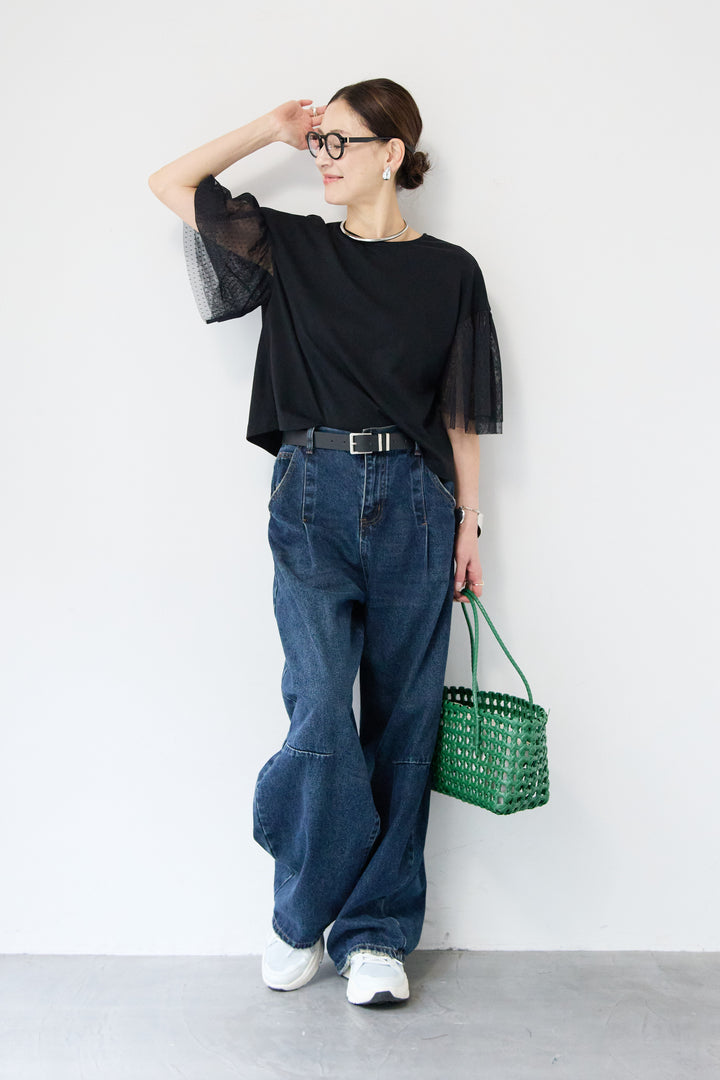 [SET]ドットチュールスリーブ切替ブラウス+カーブデニムパンツ(2set)