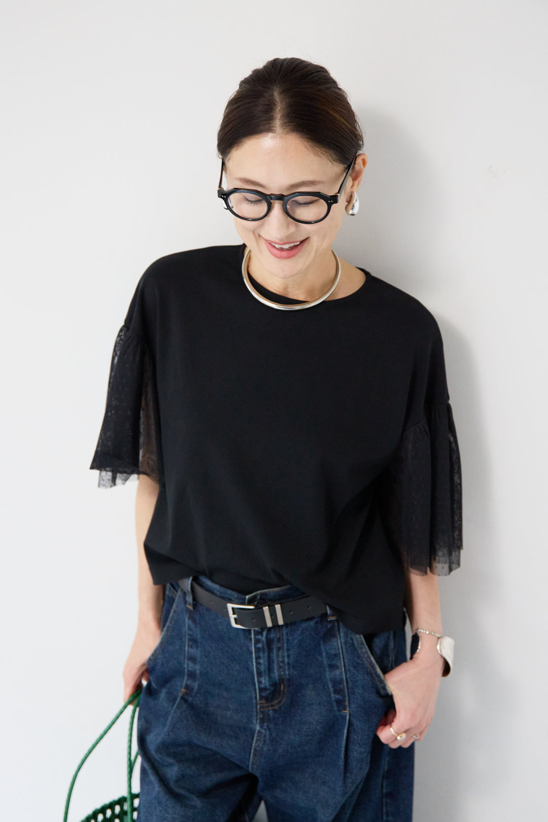 [SET]ドットチュールスリーブ切替ブラウス+カーブデニムパンツ(2set)
