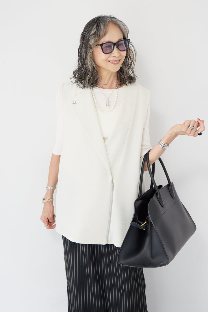 [SET]【ジャパンメイド】スラブツイードアシメベスト+ピンストライプイージーパンツ(2set)