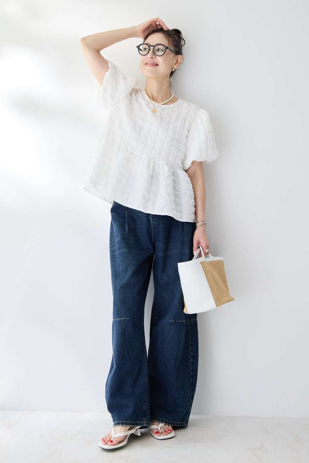 [SET]ふくれジャカードペプラムブラウス+カーブデニムパンツ(2set)