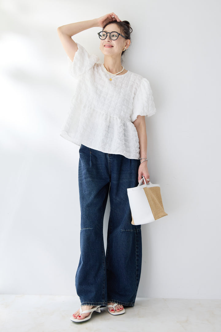 [SET]ふくれジャカードペプラムブラウス+カーブデニムパンツ(2set)