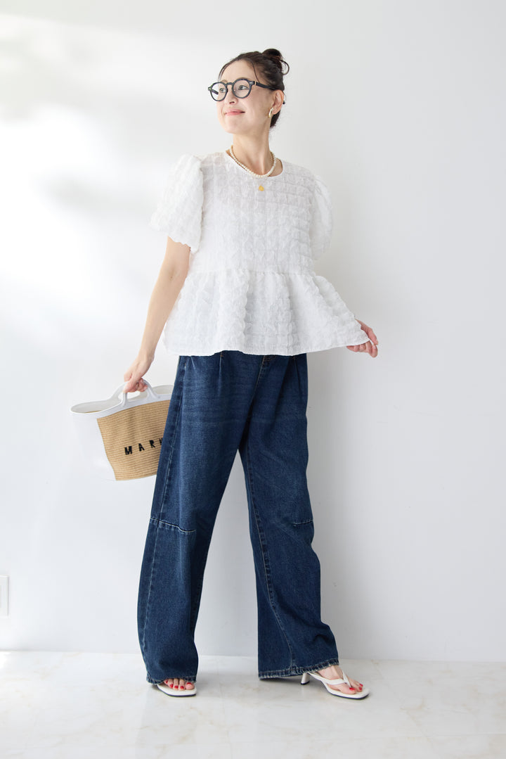 [SET]ふくれジャカードペプラムブラウス+カーブデニムパンツ(2set)