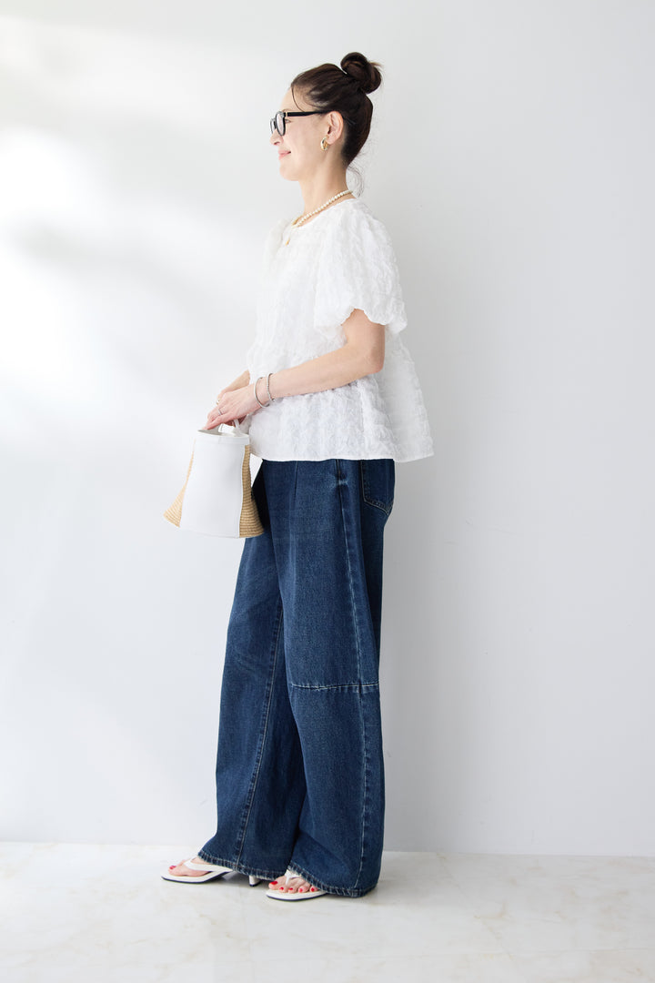 [SET]ふくれジャカードペプラムブラウス+カーブデニムパンツ(2set)