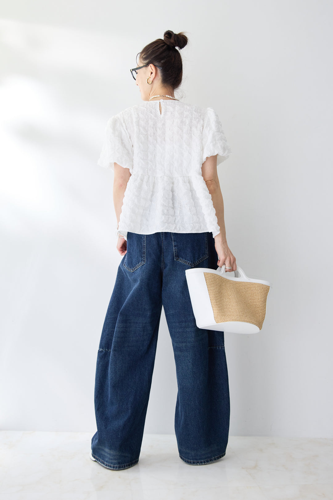 [SET]ふくれジャカードペプラムブラウス+カーブデニムパンツ(2set)
