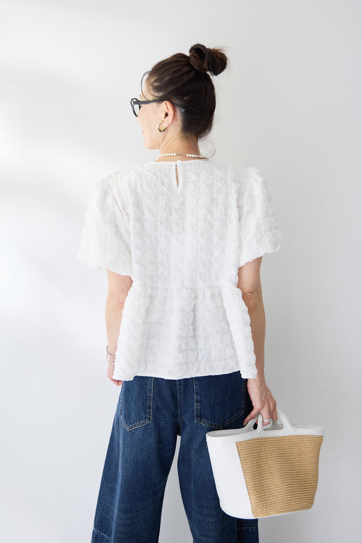 [SET]ふくれジャカードペプラムブラウス+カーブデニムパンツ(2set)